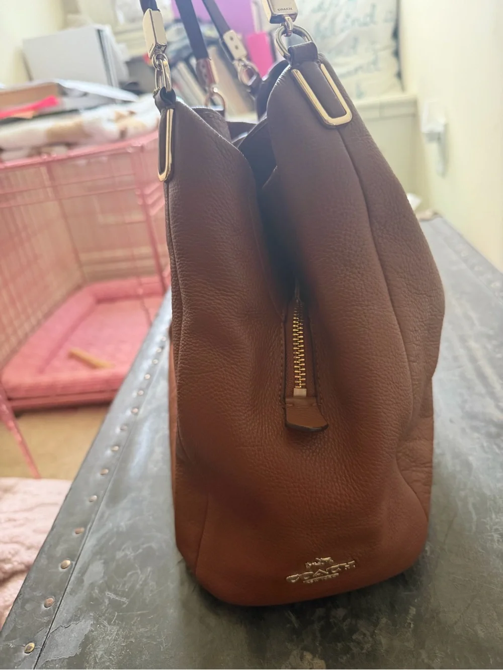 Coach Brown Pebbled Edie Leather Double-Handle Shoulder Bag